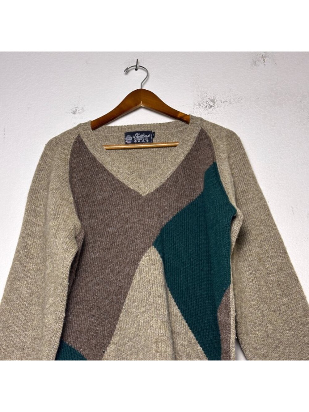 VTG Shetland Knit Pure Wool Argyle Sweater Women 14 Abstract 70s Monsieur Pierre